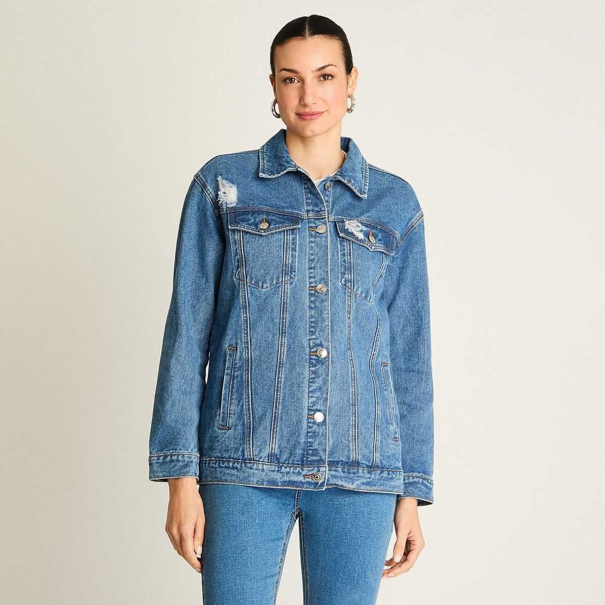 ACUARELA - Casaca Mezclilla Azul Oversize Clásica