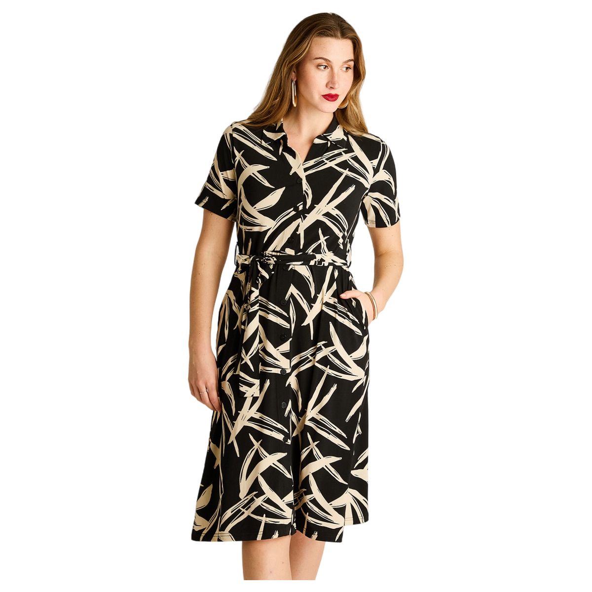 LORENZO DI PONTTI - Vestido Midi Negro Estampado con Bolsillos