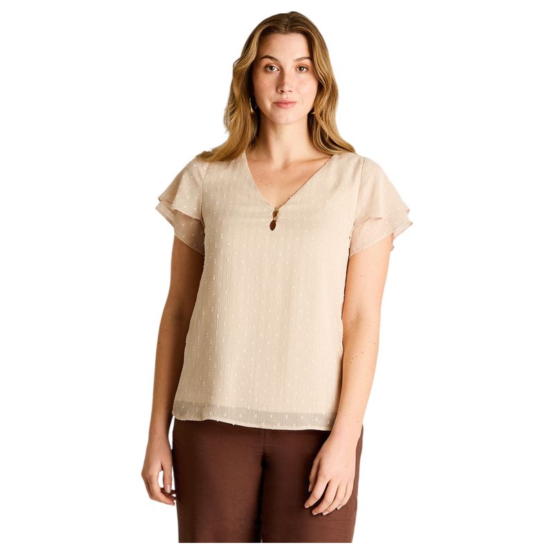 LORENZO DI PONTTI - Blusa Beige Manga Corta con Detalle en Escote