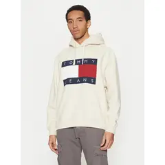 TOMMY HILFIGER - Polerón Hoodie Relaxed Mélange Logo Beige Tommy Jeans