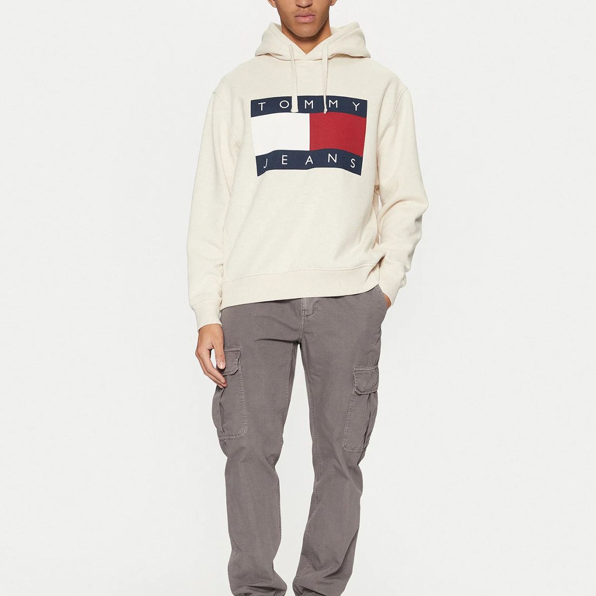 TOMMY HILFIGER - Polerón Hoodie Relaxed Mélange Logo Beige Tommy Jeans