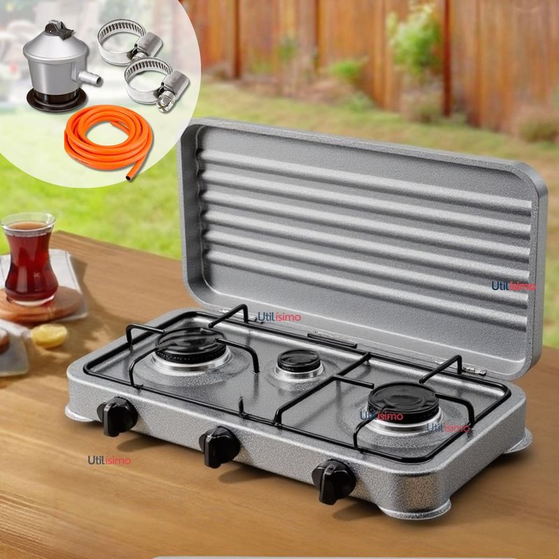 LINE - Cocina Encimera A Gas Licuado 3 Platos + Kit De Instalación Cocinilla Gris