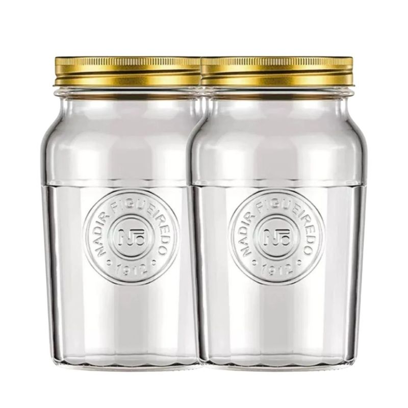 NADIR - Set 2 Frascos Americano Vintage Vidrio 1500ml Tapa Dorada