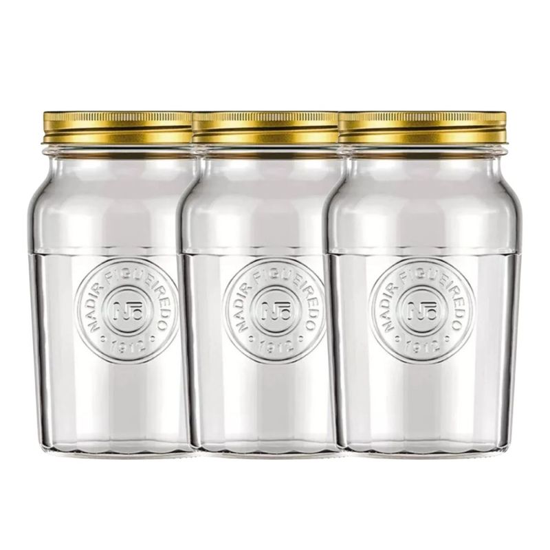 NADIR - Set 3 Frascos Americano Vintage Vidrio 1500ml Tapa Dorada