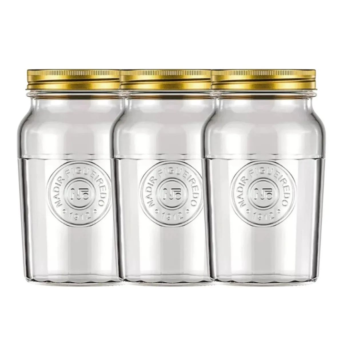 NADIR - Set 3 Frascos Americano Vintage Vidrio 1500ml Tapa Dorada