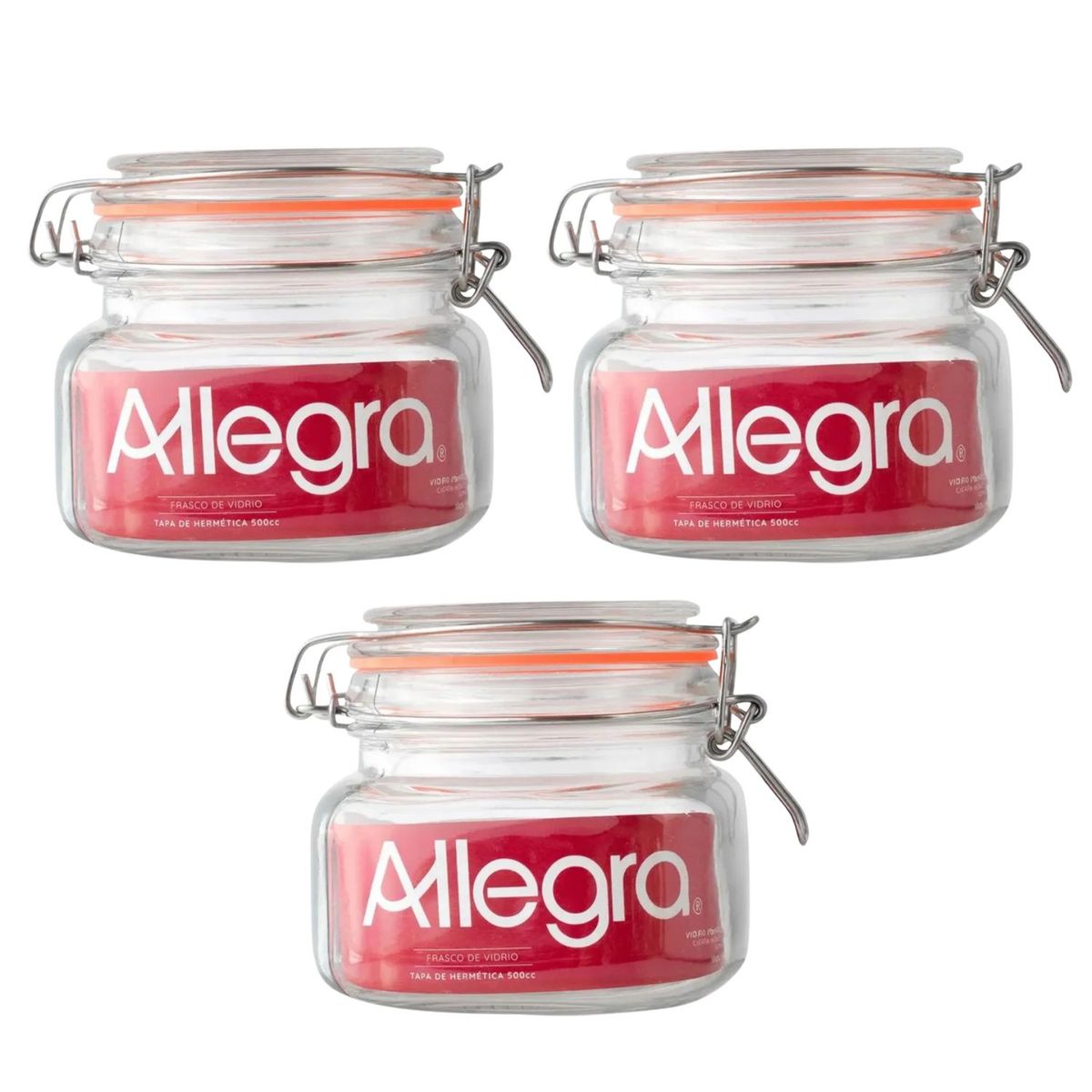 ALLEGRA - Set 3 Frascos Vidrio Con Tapa Hermetica De 500mL Allegra