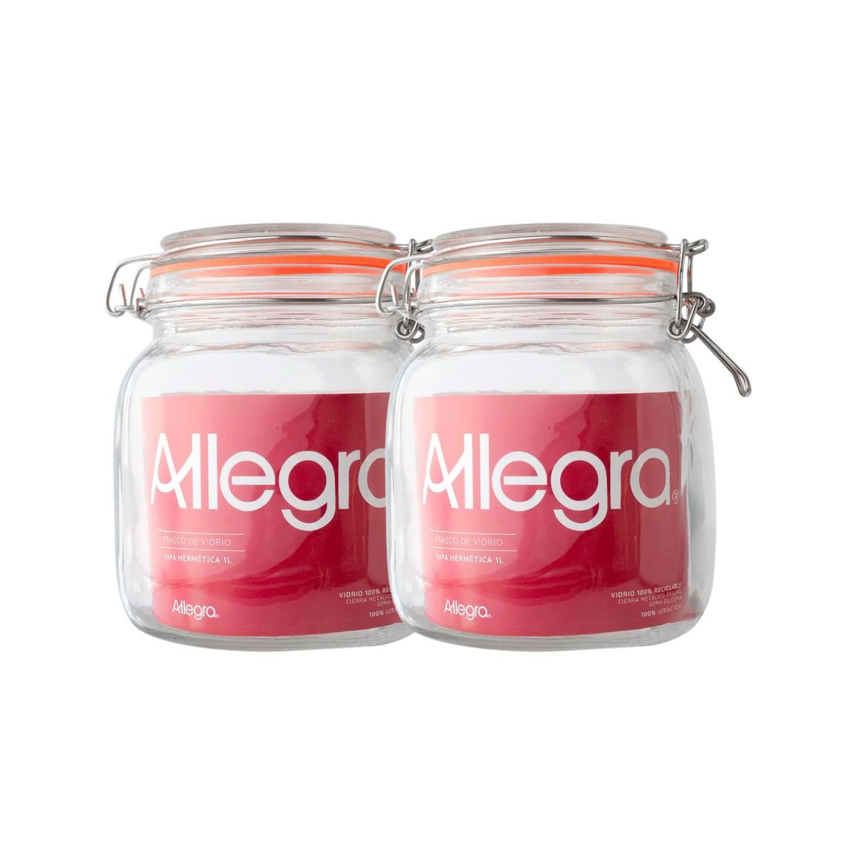 ALLEGRA - Set 2 Frascos Vidrio Con Tapa Hermetica De 1000mL Allegra