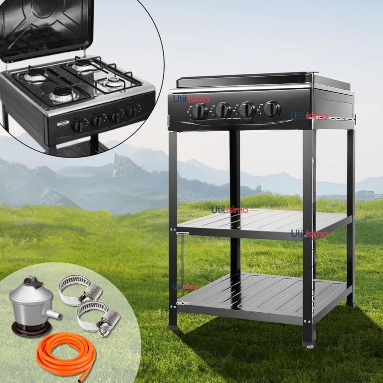 LINE Cocina Encimera a Gas Licuado 4 Platos con Mesa+ Kit de Instalación Cocinilla Negro