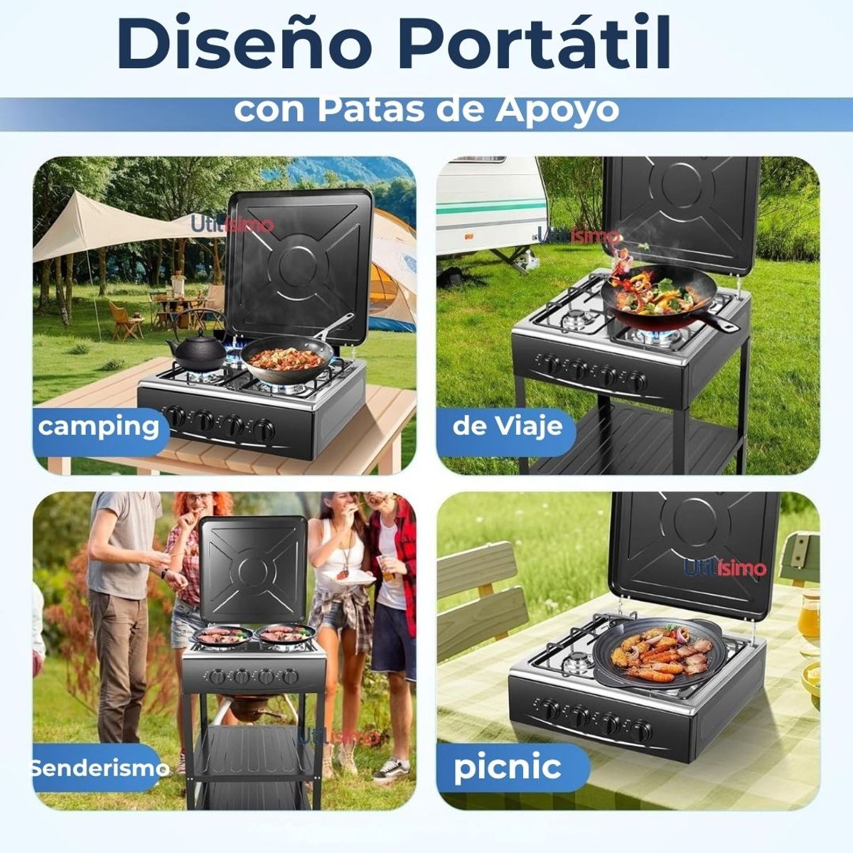 LINE - Cocina Encimera a Gas Licuado 4 Platos con Mesa+ Kit de Instalación Cocinilla Negro