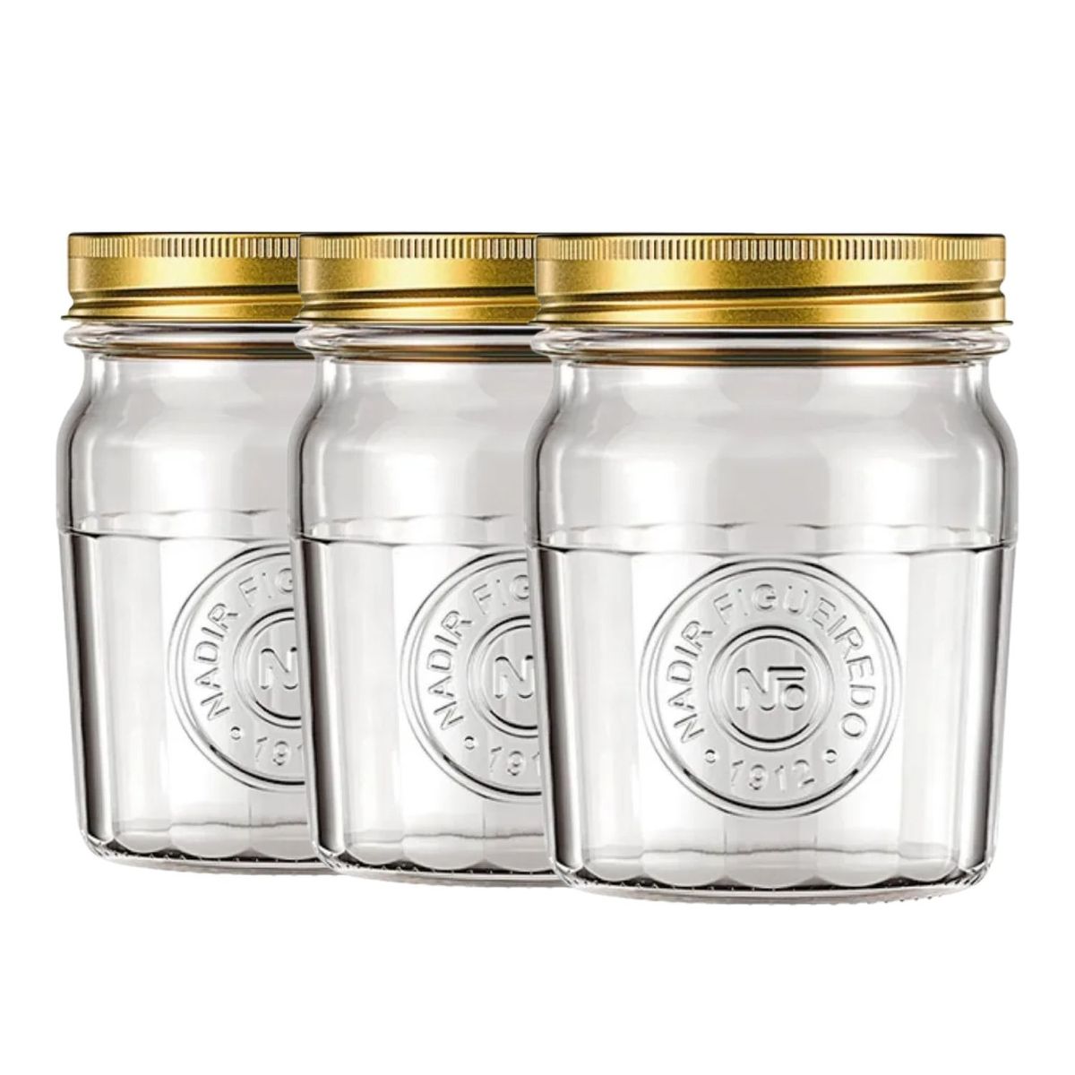 NADIR - Set 3 Frascos Americano Vintage Vidrio 500ml Tapa Dorada