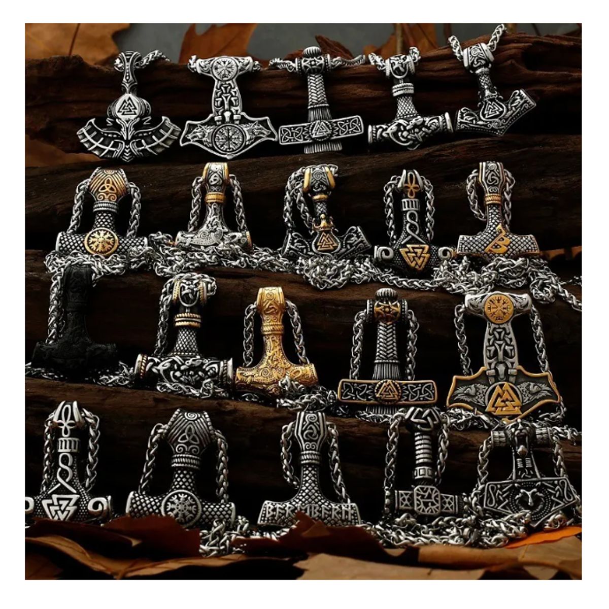 GENERICO - Collar Vikingo Lobo Y Martillo Nordico Titanio Black Silver