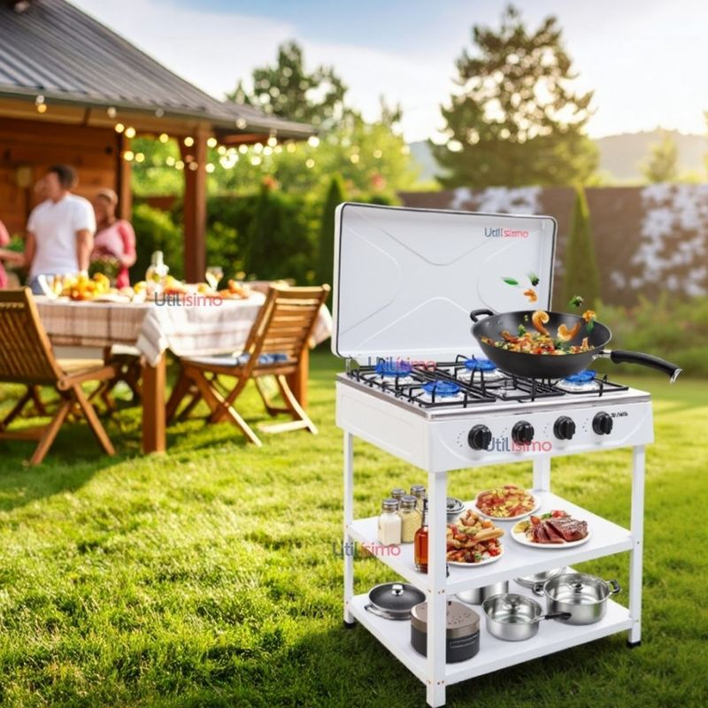 LINE - Cocina Encimera a Gas Licuado 5 Platos con Mesa Cocinilla Blanco