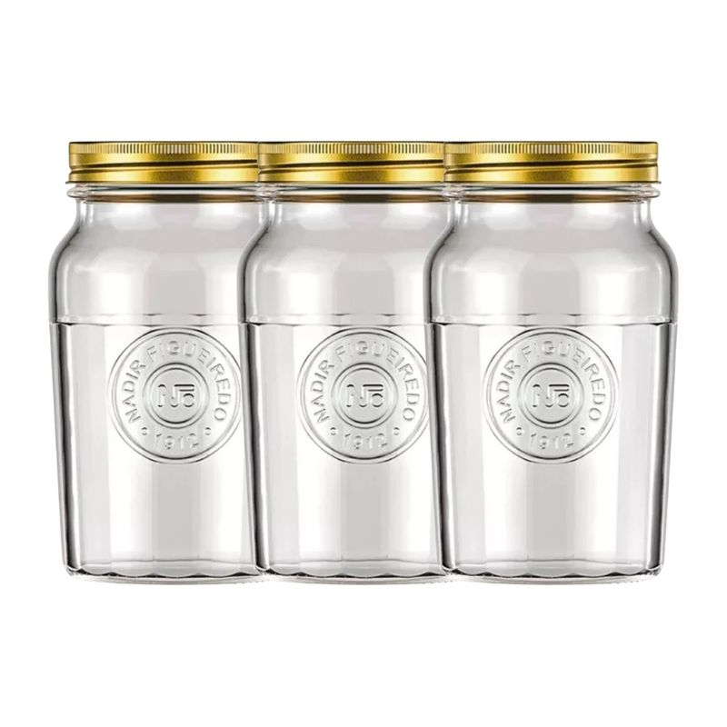 NADIR - Set 3 Frascos Americano Vintage Vidrio 1000ml Tapa Dorada