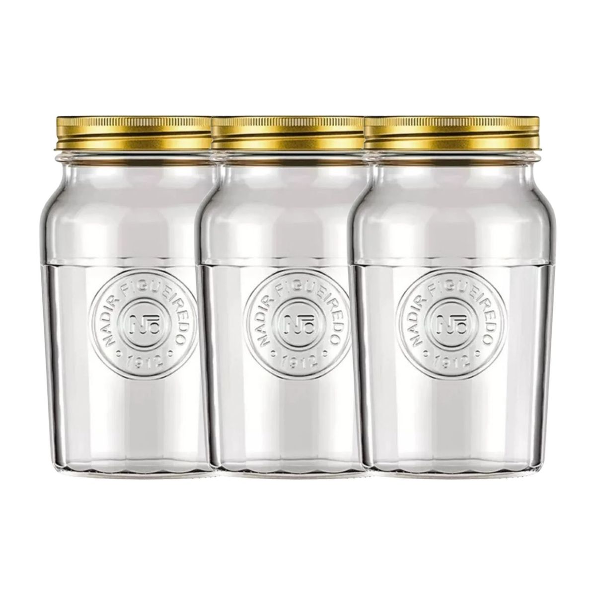 NADIR - Set 3 Frascos Americano Vintage Vidrio 1000ml Tapa Dorada