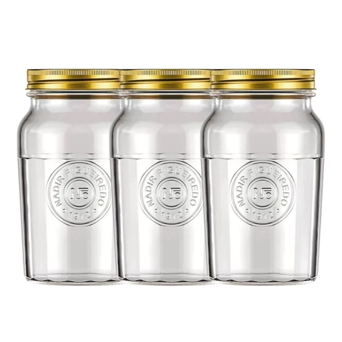NADIR - Set 3 Frascos Americano Vintage Vidrio 1500ml Tapa Dorada