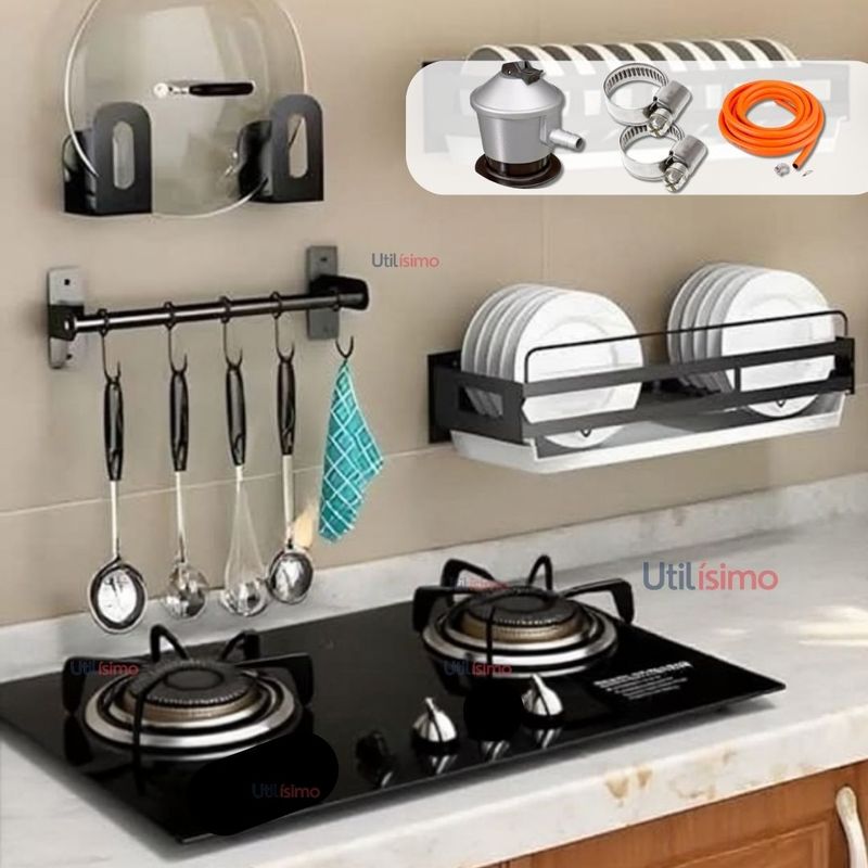 LINE - Cocina Encimera a Gas Licuado 2 platos Vidrio Templado+Kit de Instalación Cocinilla Negro