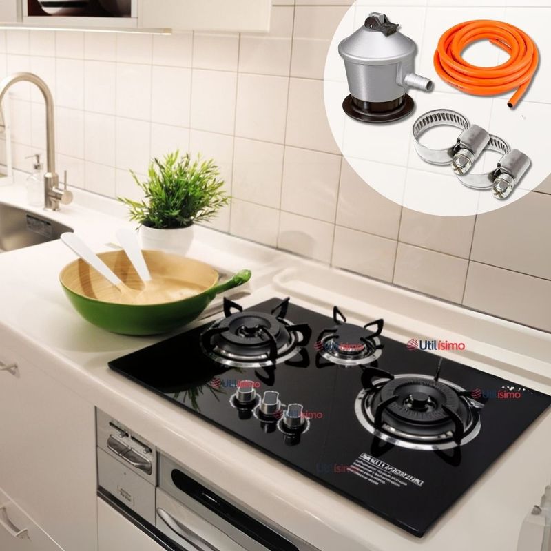 LINE - Cocina Encimera a Gas Licuado 3 platos Vidrio Templado+Kit de Instalación Cocinilla Negro