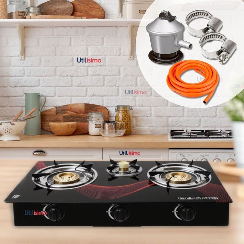 LINE - Cocina Encimera a Gas Licuado Vidrio 3 Platos + KIT de Instalación