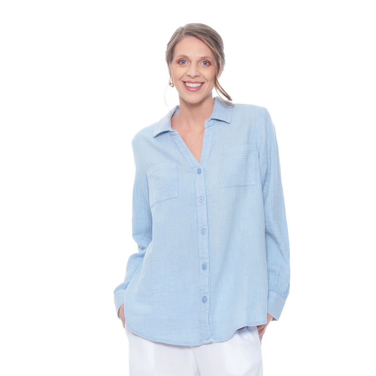 WADOS - BLUSA MANGA LARGA SOLIDO ABOTONADA EN DELANTERO Y BOLSILLOS