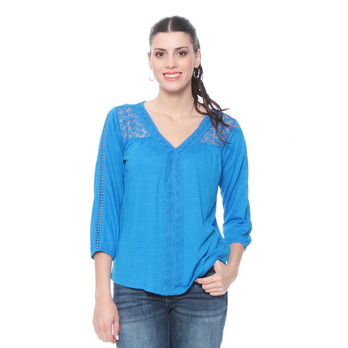 WADOS - BLUSA MANGA LARGA SOLIDA CON APLICACION E BRODERY EN ESCOTE Y MANGA