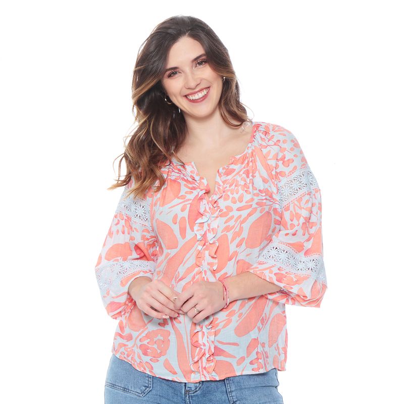 WADOS - BLUSA MANGA LARGA ESTAMAPADA ESCOTE V CON ENCAJE EN MANGAS