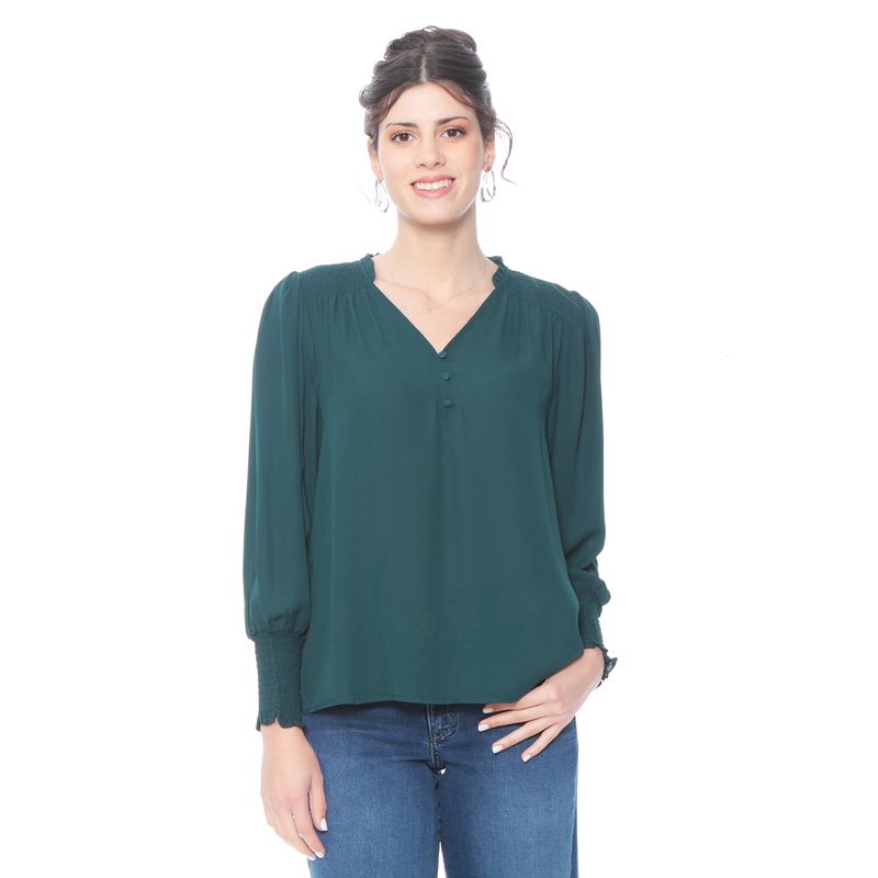 WADOS - BLUSA MANGA LARGA ELASTICADA SOLIDA ESCOTE V CON DETALLE
