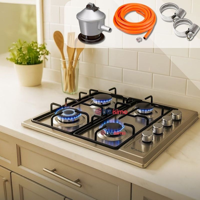 LINE - Cocina Encimera A Gas Licuado 4 Platos Acero Inox+KIT de Instalación