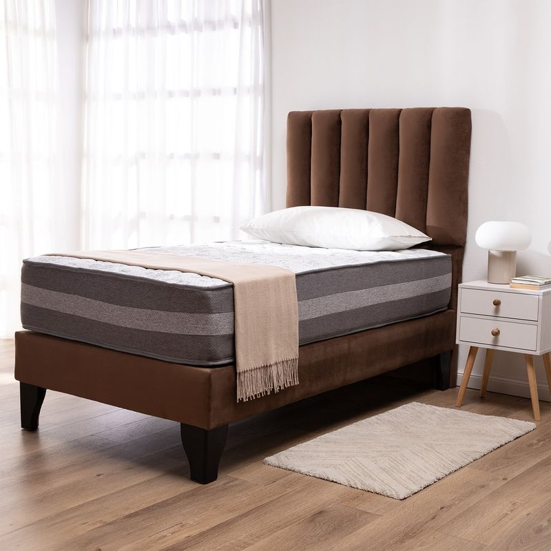 COLBOX - Cama Europea Valencia Premium + Respaldo Cadiz 1,5 PL Felpa Chocolate