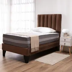 COLBOX - Cama Europea Valencia Premium + Respaldo Cadiz 1,5 PL Felpa Chocolate
