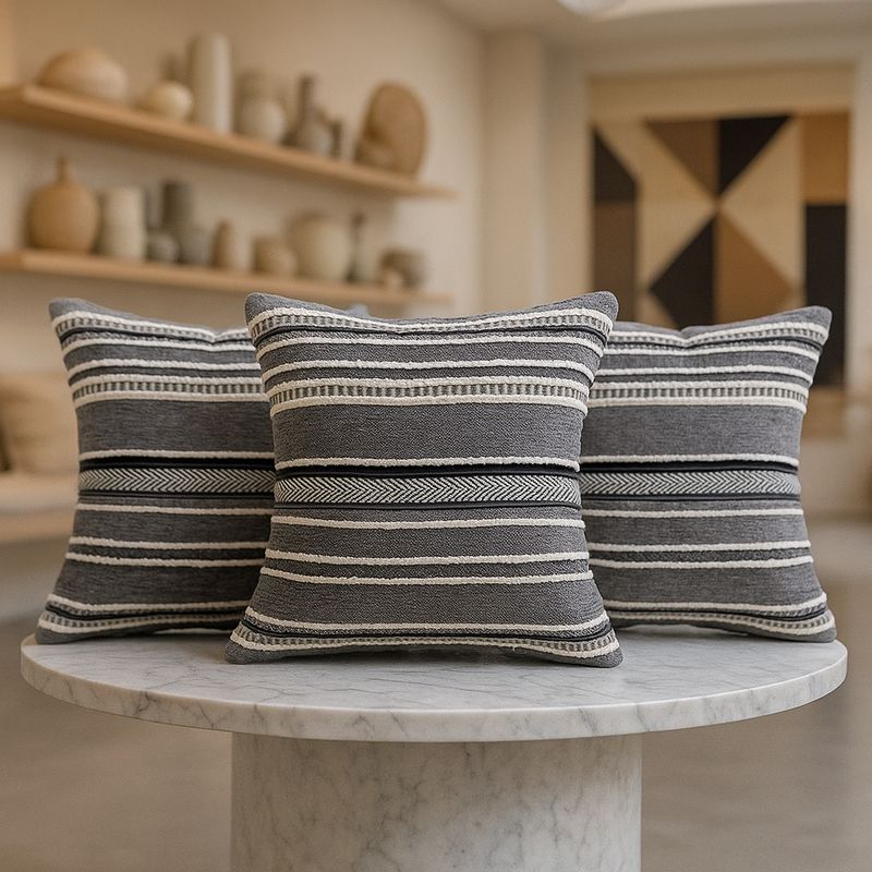 ARMONIA - Pack triple fundas cojín chenille gris sofá lujo 759