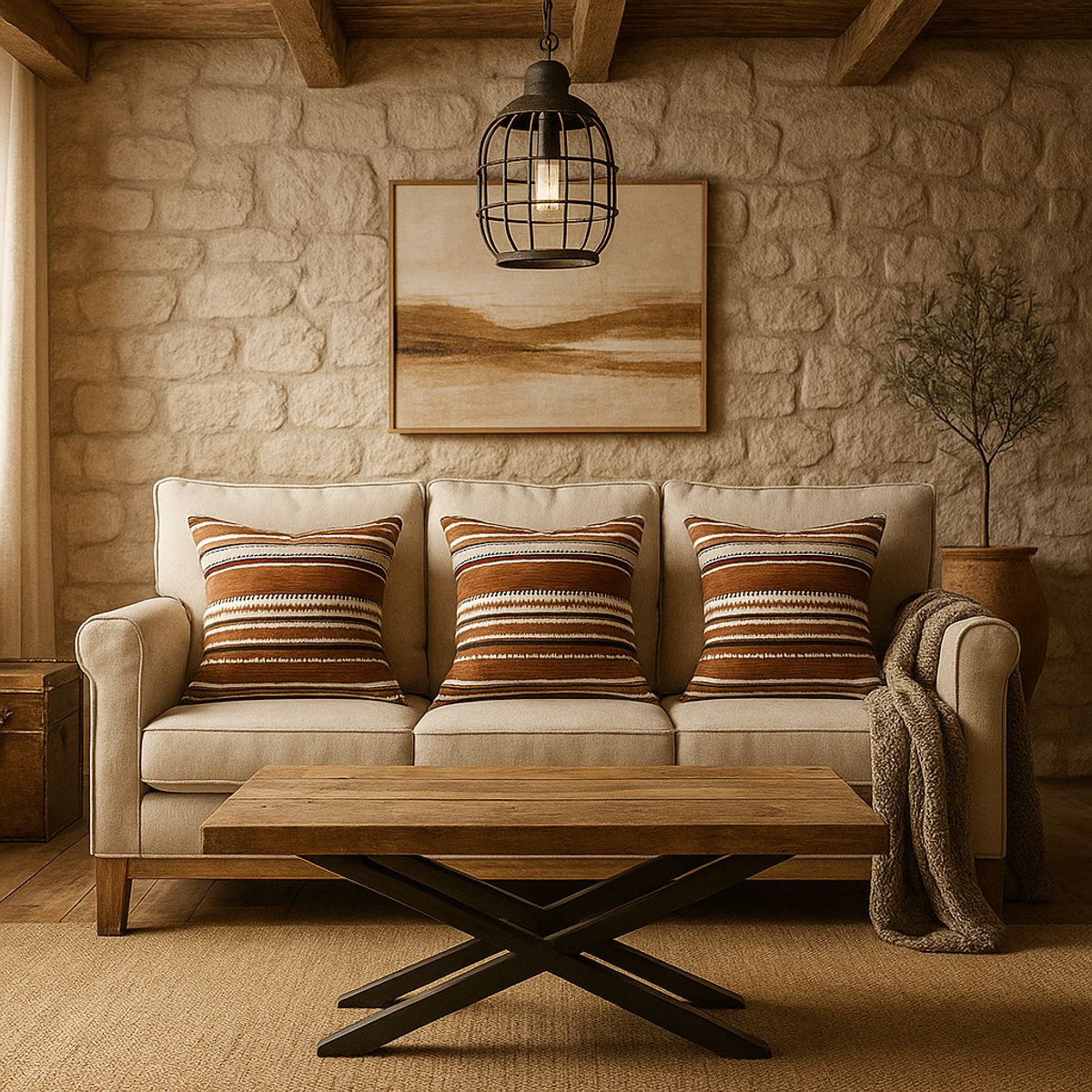 ARMONIA - Pack triple fundas cojín chenille marrón sofá lujo 759