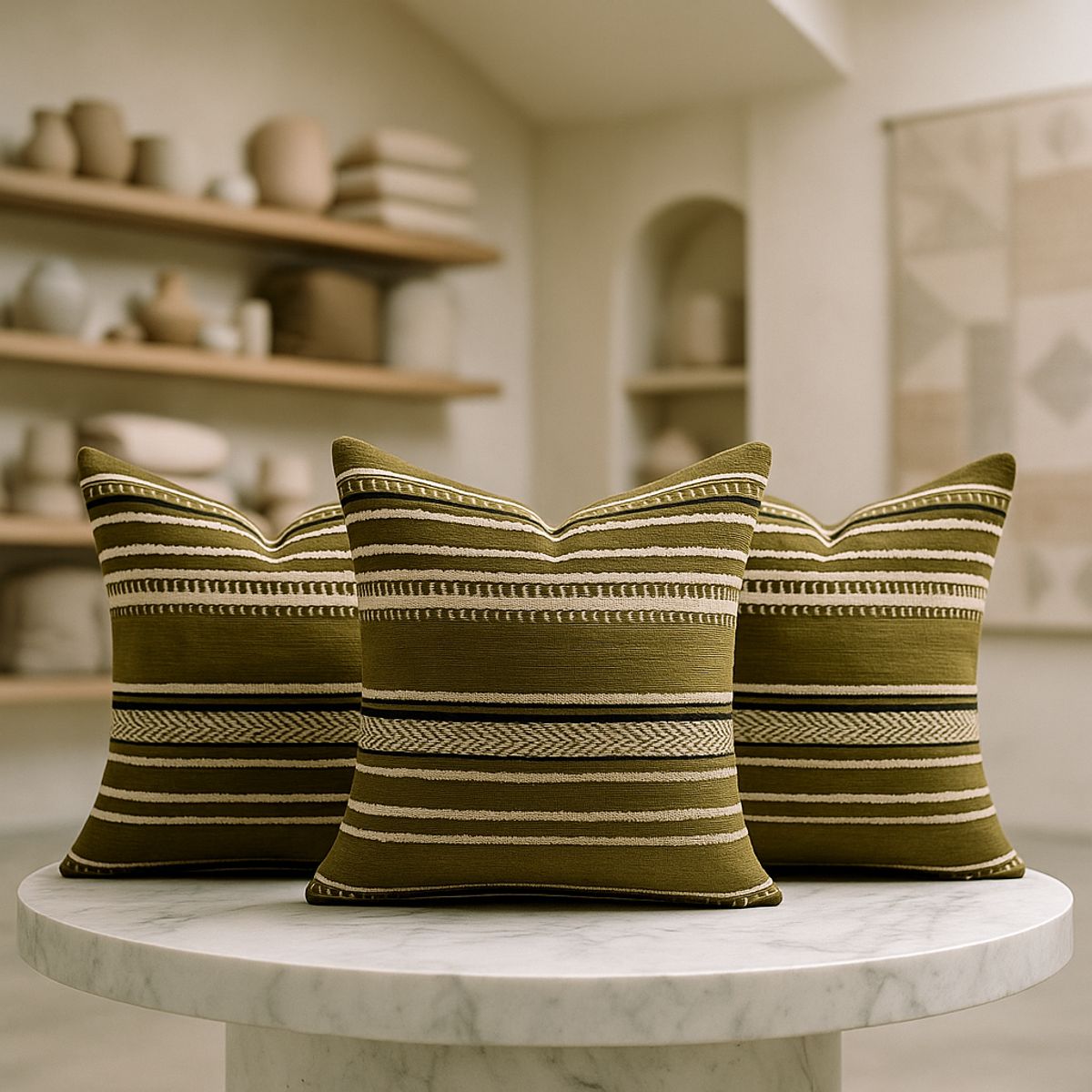 ARMONIA - Trío fundas cojín chenille verde estilo moderno 759