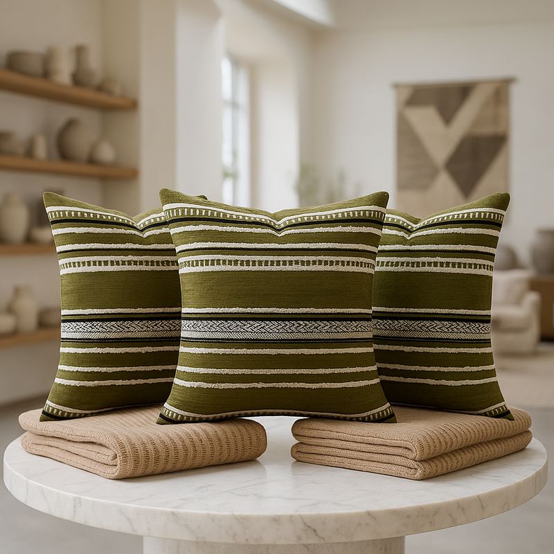 ARMONIA - Pack triple fundas cojín chenille verde sofá lujo 759