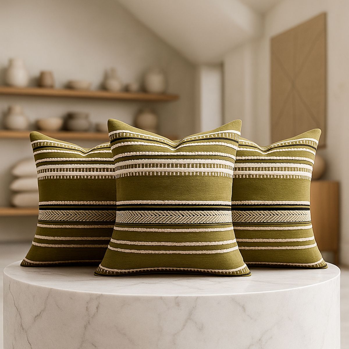 ARMONIA - Trío fundas cojín chenille verde estilo moderno 759