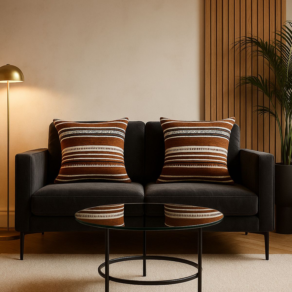 ARMONIA - Pack doble fundas cojín chenille marrón sofá lujo 759