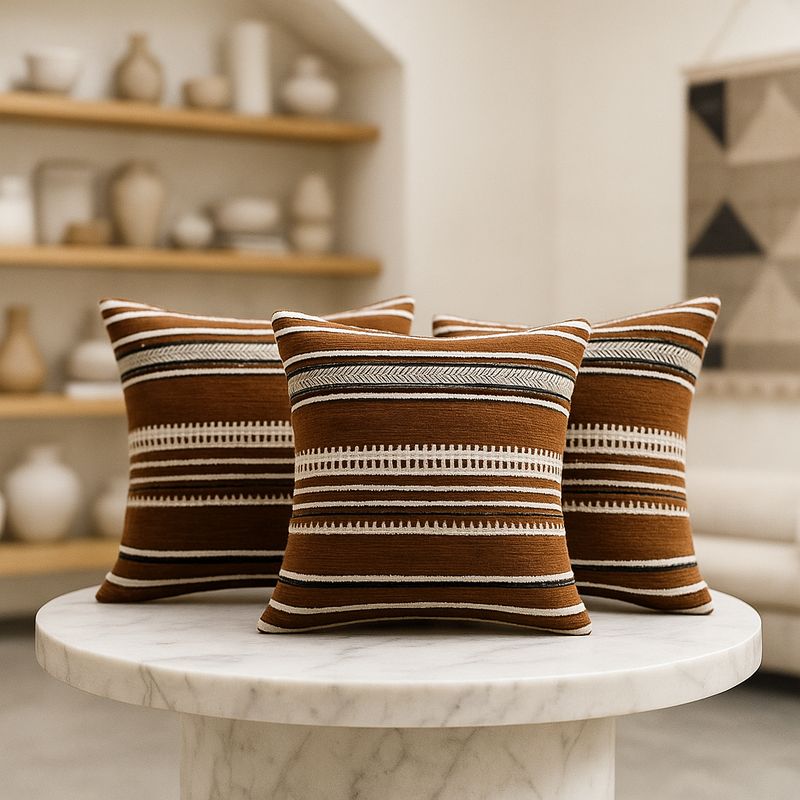 ARMONIA - Trío fundas cojín chenille marrón estilo moderno 759