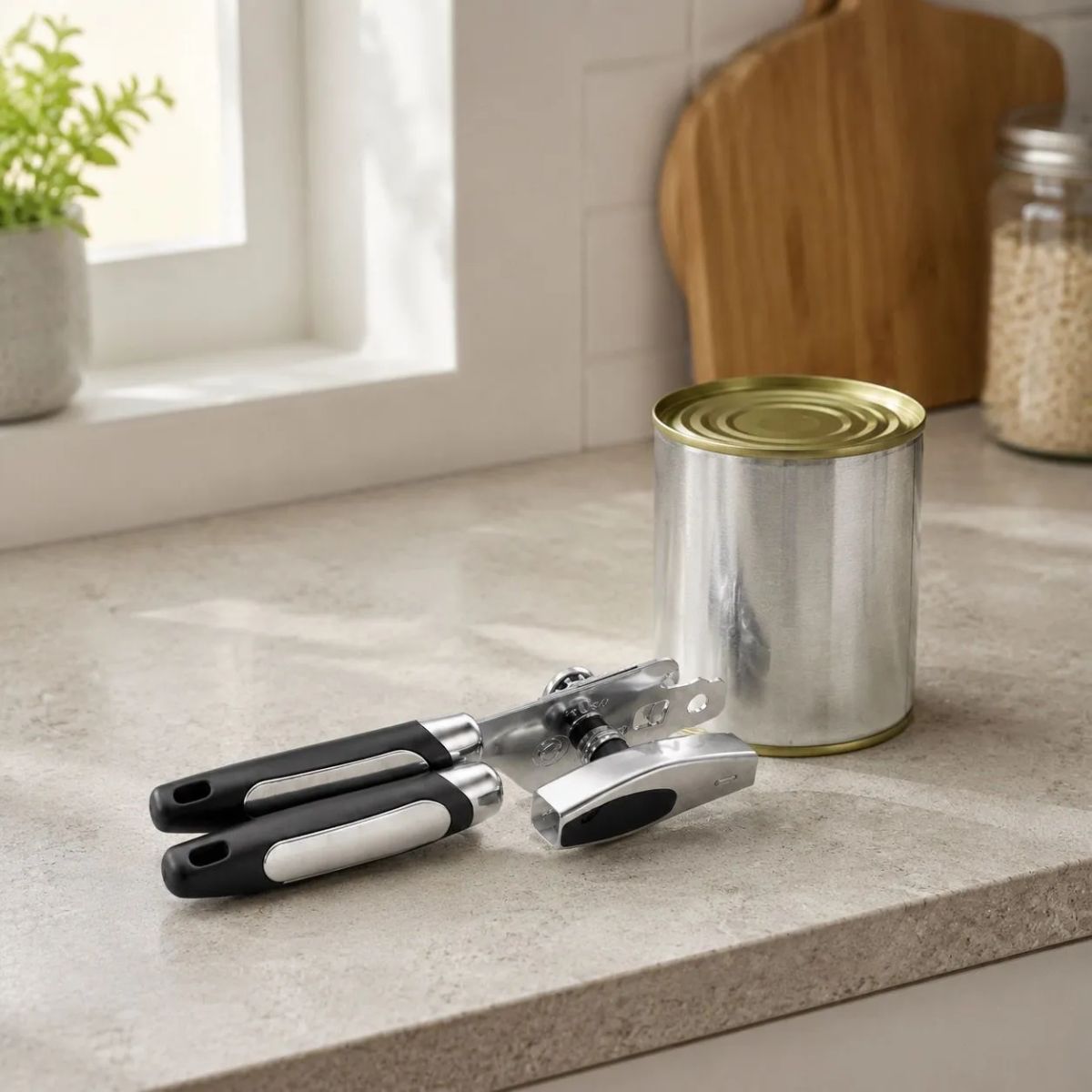 HOMESTAR - Abrelatas manual de acero inoxidable con mangos negros