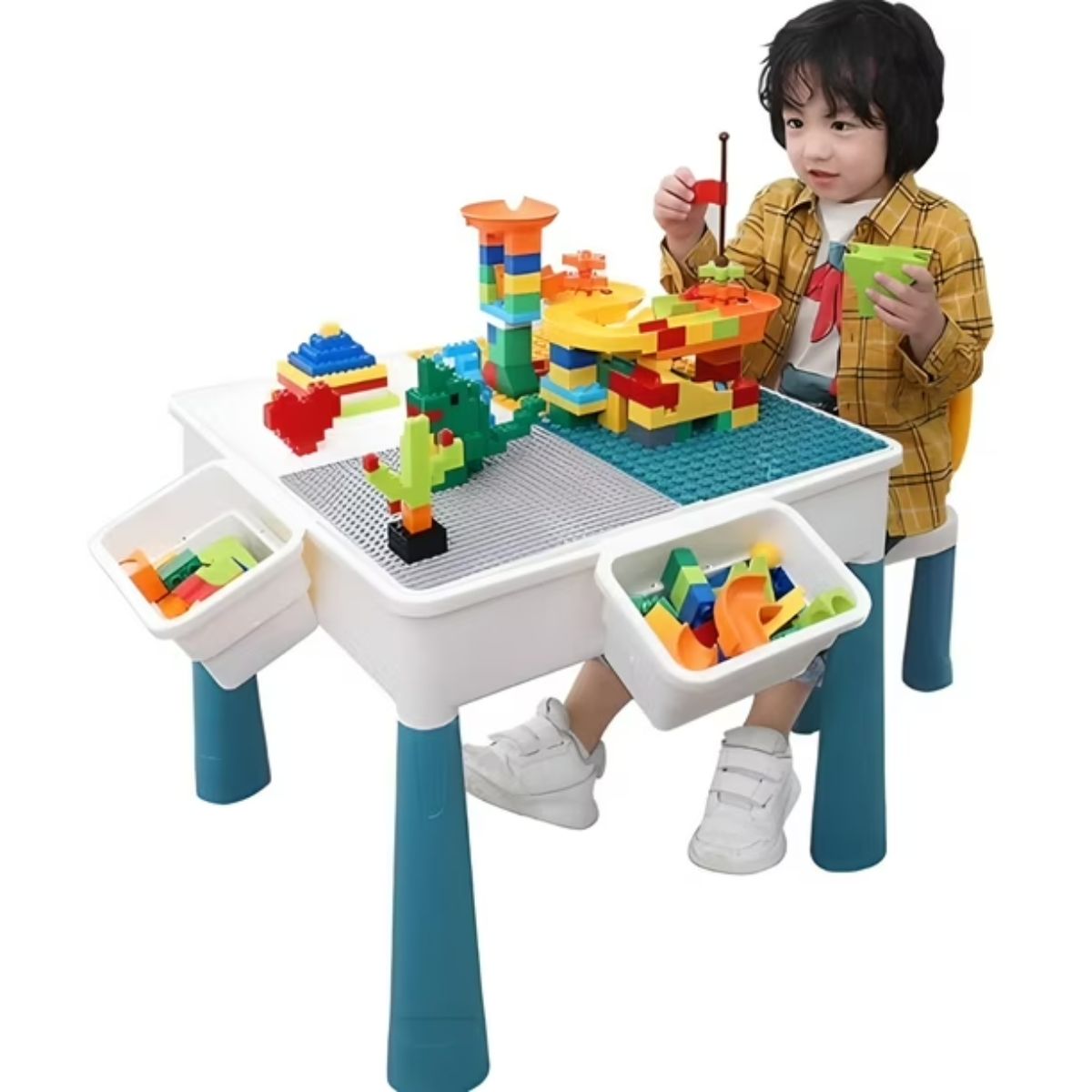 LIFEZEAL Mesa De Juego Con Tren De Madera – Set De 100 Piezas Con Cajón Móvil, Mesa Multifuncional Para Manualidades, Construcción Y Juego, Para Niños De 3 A 8 Años