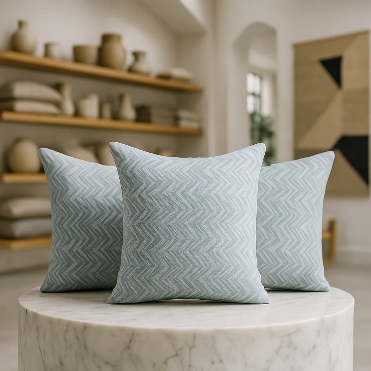 ARMONIA - 3 fundas cojín chenille azul 45x45 diseño chic 760