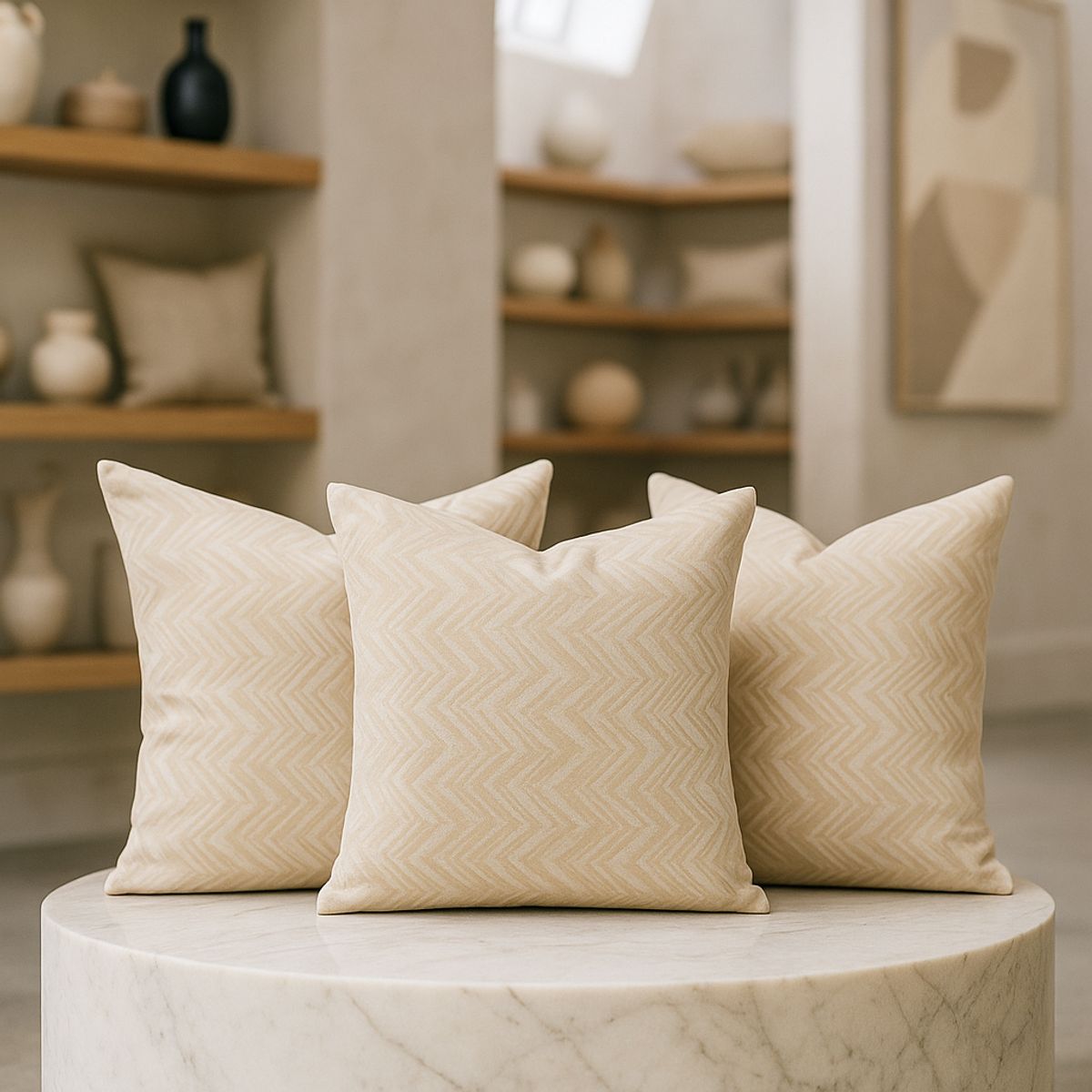 ARMONIA - Trío fundas cojín chenille beige 45x45 estilo moderno 760