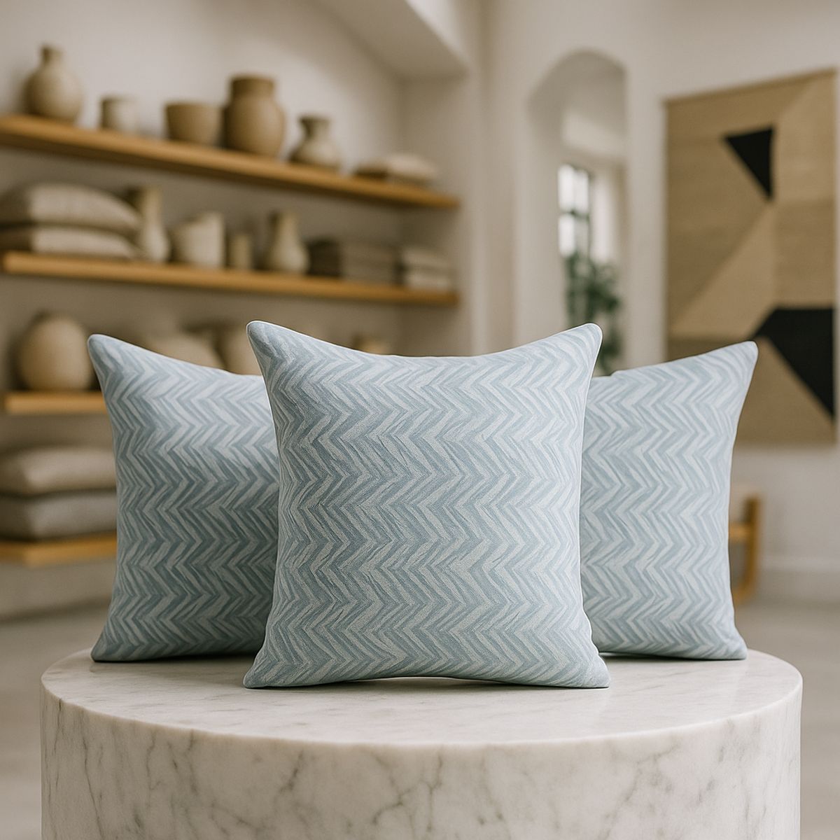 ARMONIA - 3 fundas cojín chenille azul 45x45 diseño chic 760