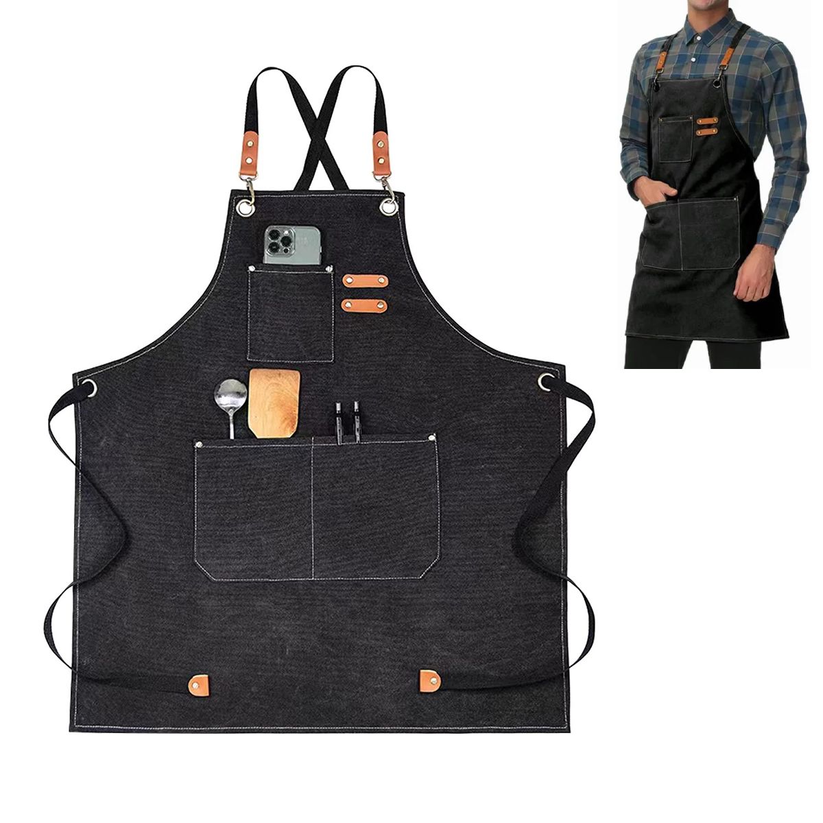 ATURE - Delantal Pechera Unisex Multiuso Restaurant Barbero Trabajo