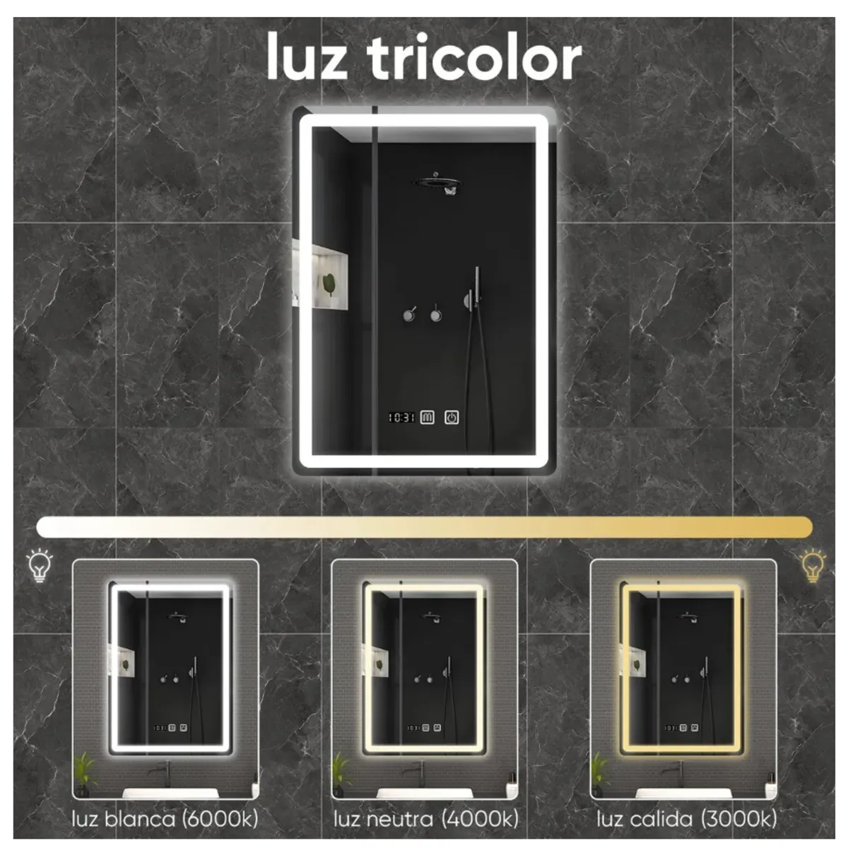 HOMER DESIGN - Espejo Baños Inteligente Luz Variable Antiempañante 50x70 Cm