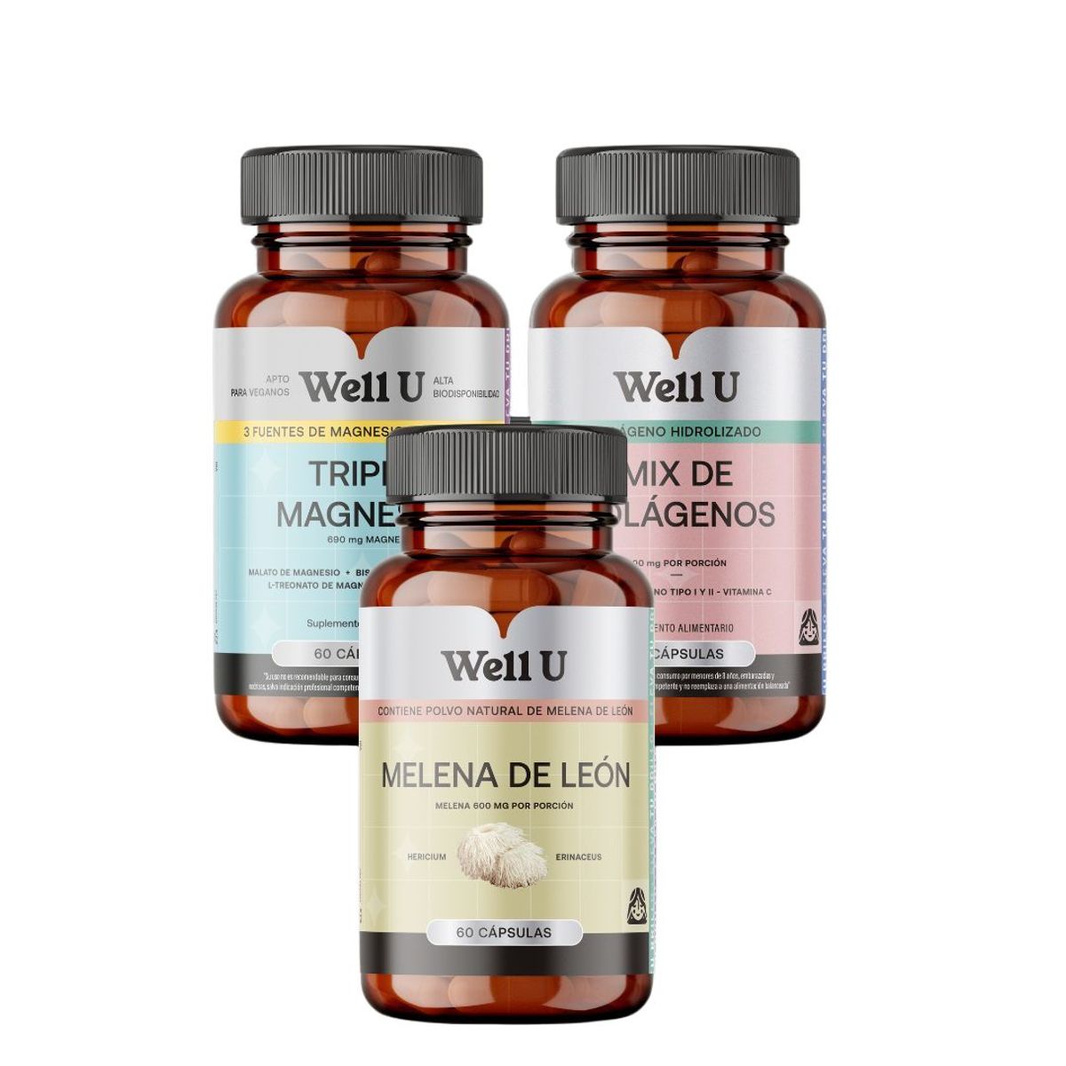 WELL U - PACK TRIPLE MAGNESIO + MIX DE COLAGENOS + MELENA DE LEON WELL U
