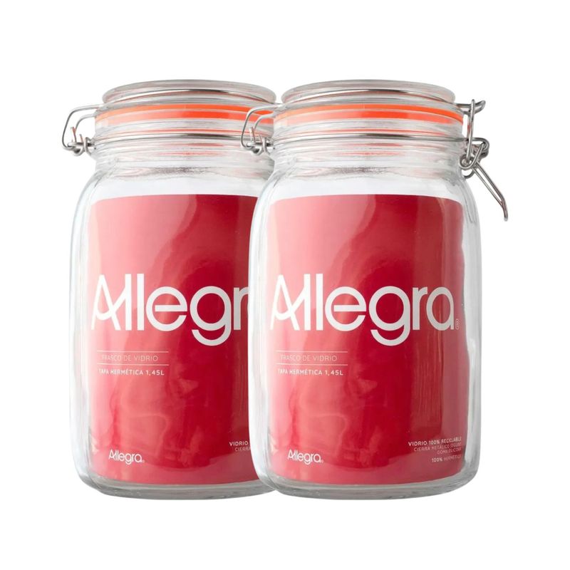 ALLEGRA - Set 2 Frascos Vidrio Con Tapa Hermetica De 1450mL Allegra