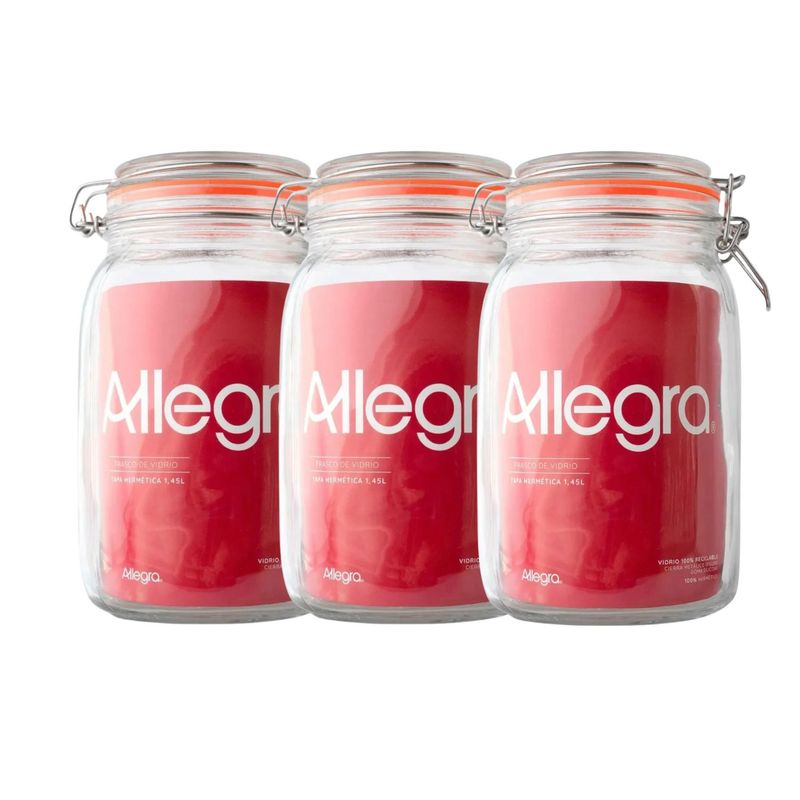 ALLEGRA - Set 3 Frascos Vidrio Con Tapa Hermetica De 1450mL Allegra