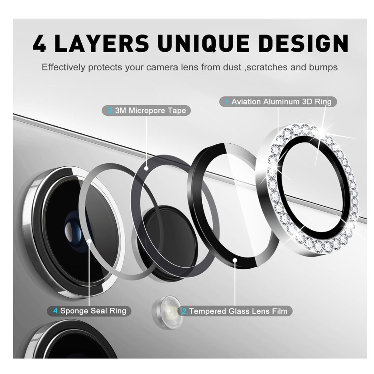 JOIGO - Protector Lente Camara Para Samsung S24 Ultra Diamante Plateado