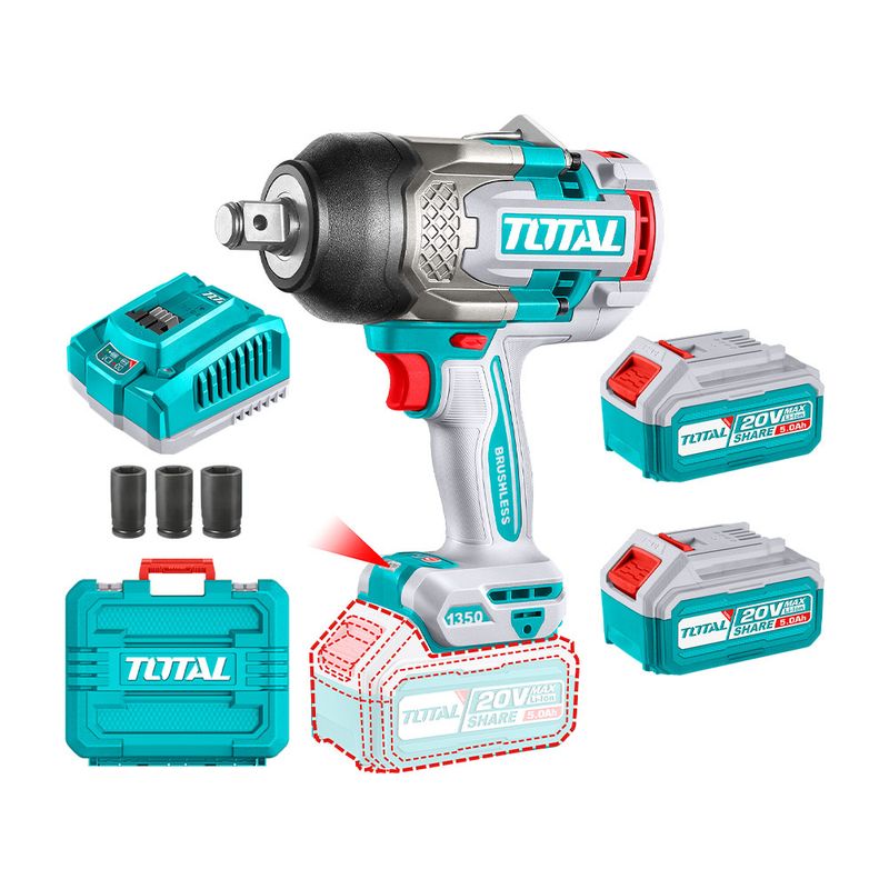 TOTAL TOOLS - Llave de Impacto Inalámbrica 3/4 1350Nm + 2 Bat + Car Total