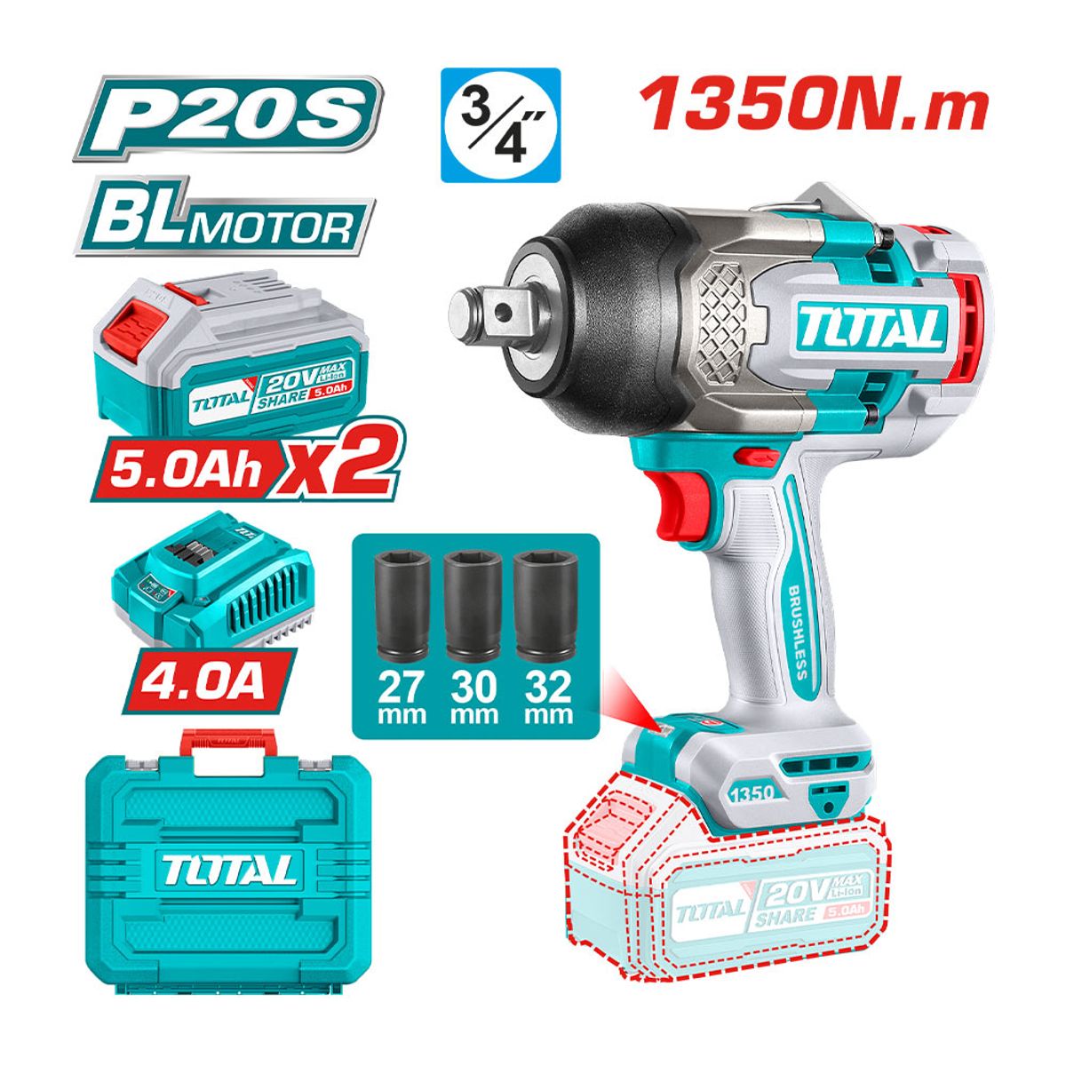 TOTAL TOOLS - Llave de Impacto Inalámbrica 3/4 1350Nm + 2 Bat + Car Total