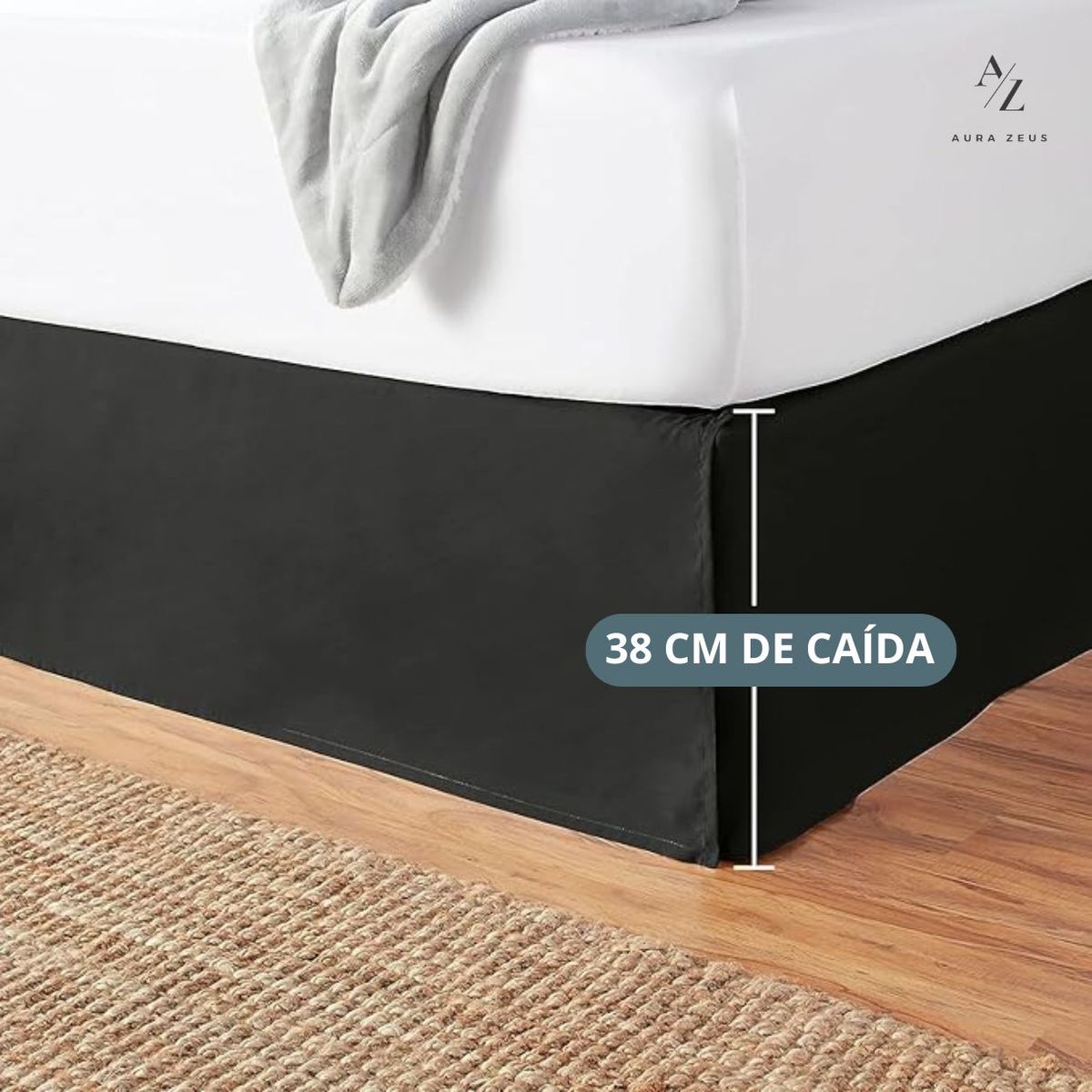AZ AURAZEUS - Faldon Cama 2 Plazas Negro Liso Elasticados Premium Aura Zeus
